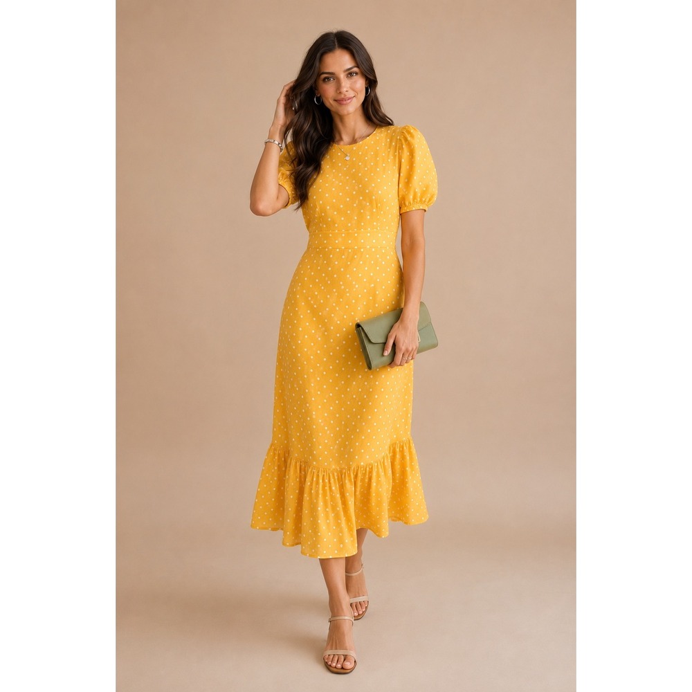 Jo West Yellow Polka Dot Puff Sleeve Midi Dress Ruffle Hem Cotton XS NWT